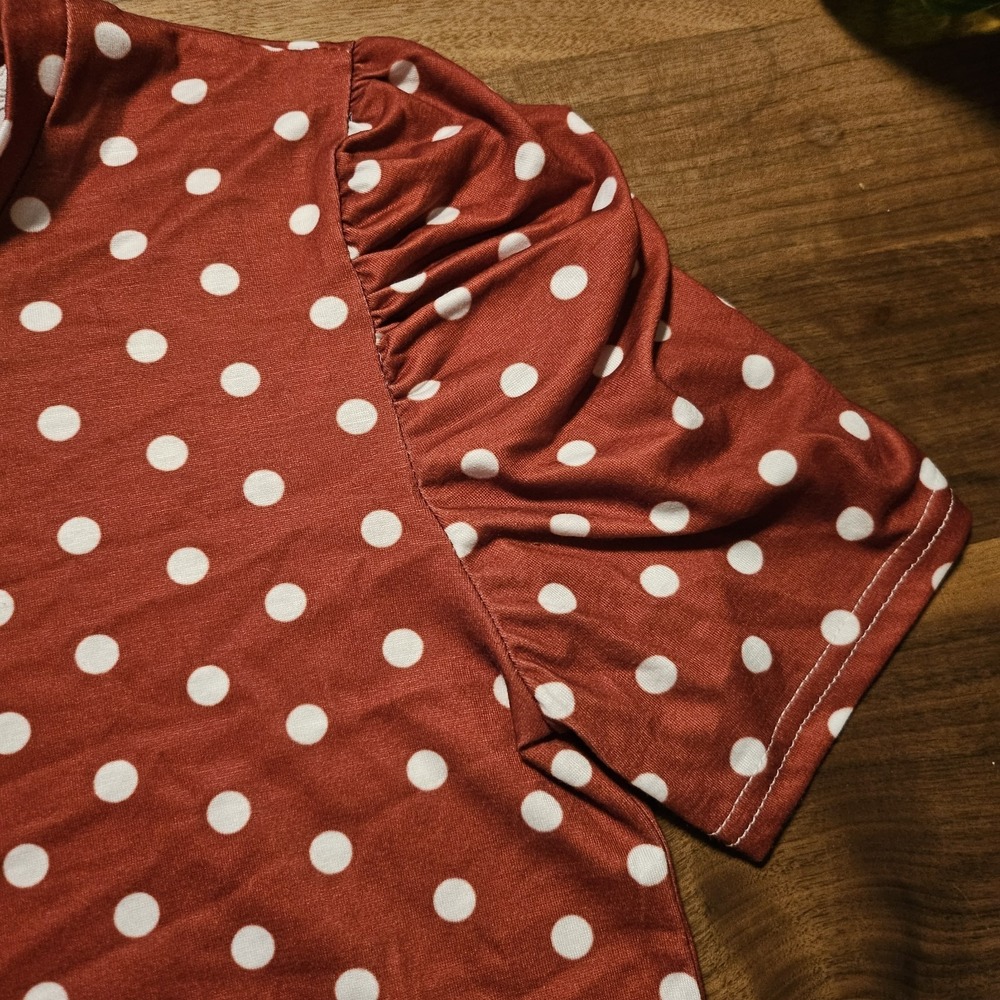 Red/White Polka Dot Shirt W Puff Sleeves, Rounded Hem. Boden Inspired - Picture 4 of 8